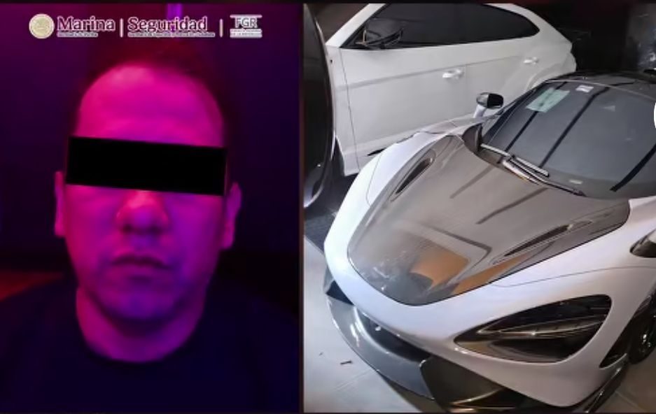 Imagen oficial Marina Seguridad FGR del detenido y auto asegurado