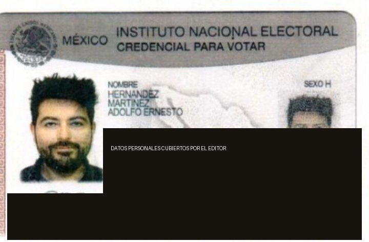 Credencial de elector de Adolfo Ernesto Hernández Martínez, datos personales cubiertos